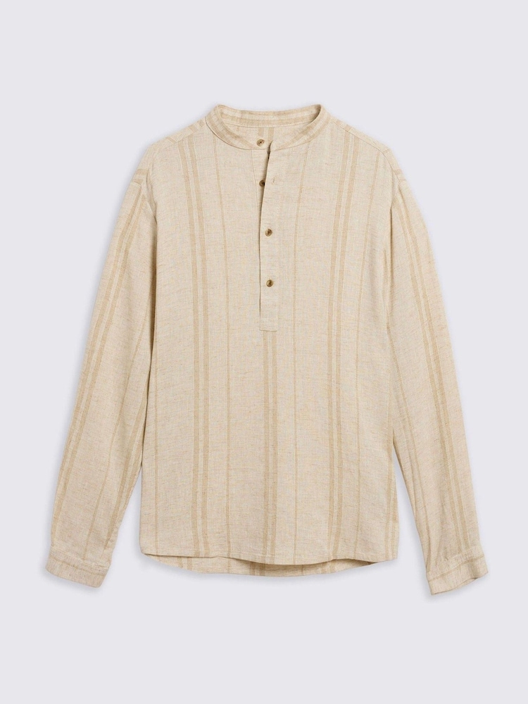 MOSS Natural Grandad Popover Linen Wide Stripe Shirt - Image 4 of 4