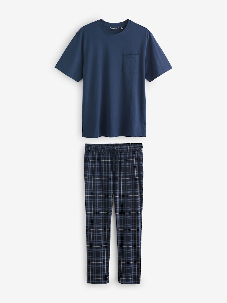 Navy Check Short Sleeve Jersey Pyjamas Set - Image 1 of 3 Navy Check Short Sleeve Jersey Pyjamas Set - Image 1 of 3