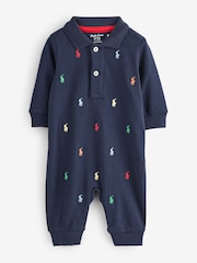Polo Ralph Lauren Blue Baby All Over Pony Logo Babygrow Romper - Image 1 of 1