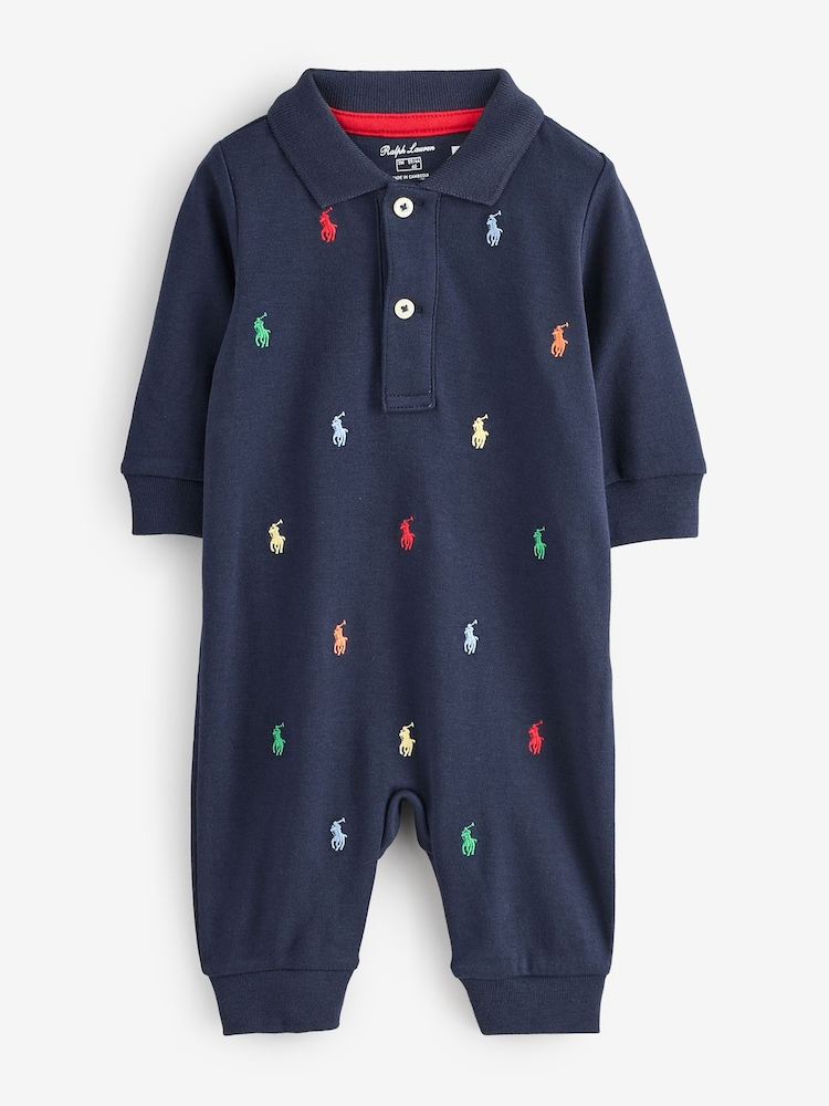 Polo Ralph Lauren Blue Baby All Over Pony Logo Babygrow Romper - Image 1 of 1 Polo Ralph Lauren Blue Baby All Over Pony Logo Babygrow Romper - Image 1 of 1