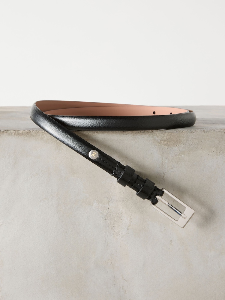 Black/Silver Skinny Premium Made In Italy Leather Belt - Image 1 of 3