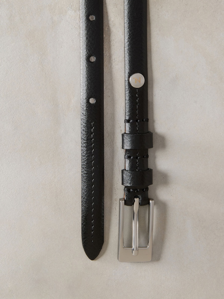 Black/Silver Skinny Premium Made In Italy Leather Belt - Image 7 of 7