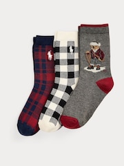 Polo Ralph Lauren Grey Kids Holiday Bear Check Socks 3 Pack - Image 1 of 1
