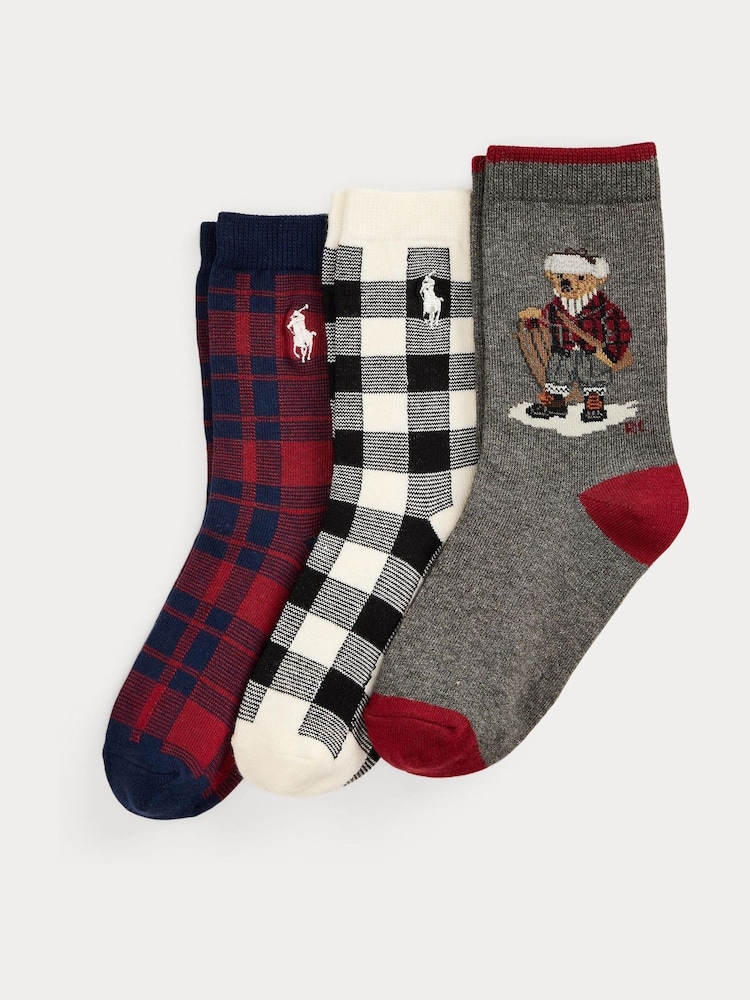 Polo Ralph Lauren Grey Kids Holiday Bear Check Socks 3 Pack - Image 1 of 1