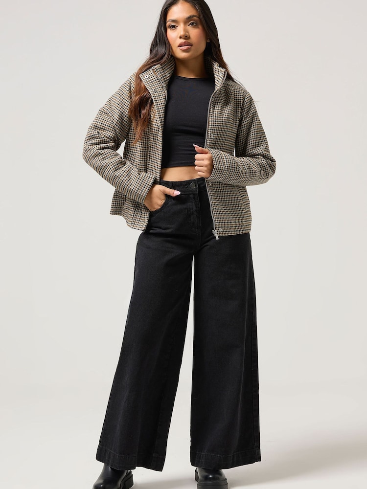 PixieGirl Petite Brown Check Funnel Neck 100% Cotton Jacket - Image 2 of 4 PixieGirl Petite Brown Check Funnel Neck 100% Cotton Jacket - Image 2 of 4