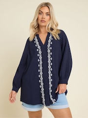 Yours Curve Blue Cheesecloth Embroidered 100% Cotton Top - Image 1 of 5