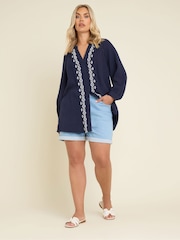 Yours Curve Blue Cheesecloth Embroidered 100% Cotton Top - Image 2 of 5