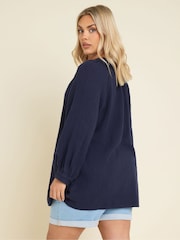 Yours Curve Blue Cheesecloth Embroidered 100% Cotton Top - Image 3 of 5