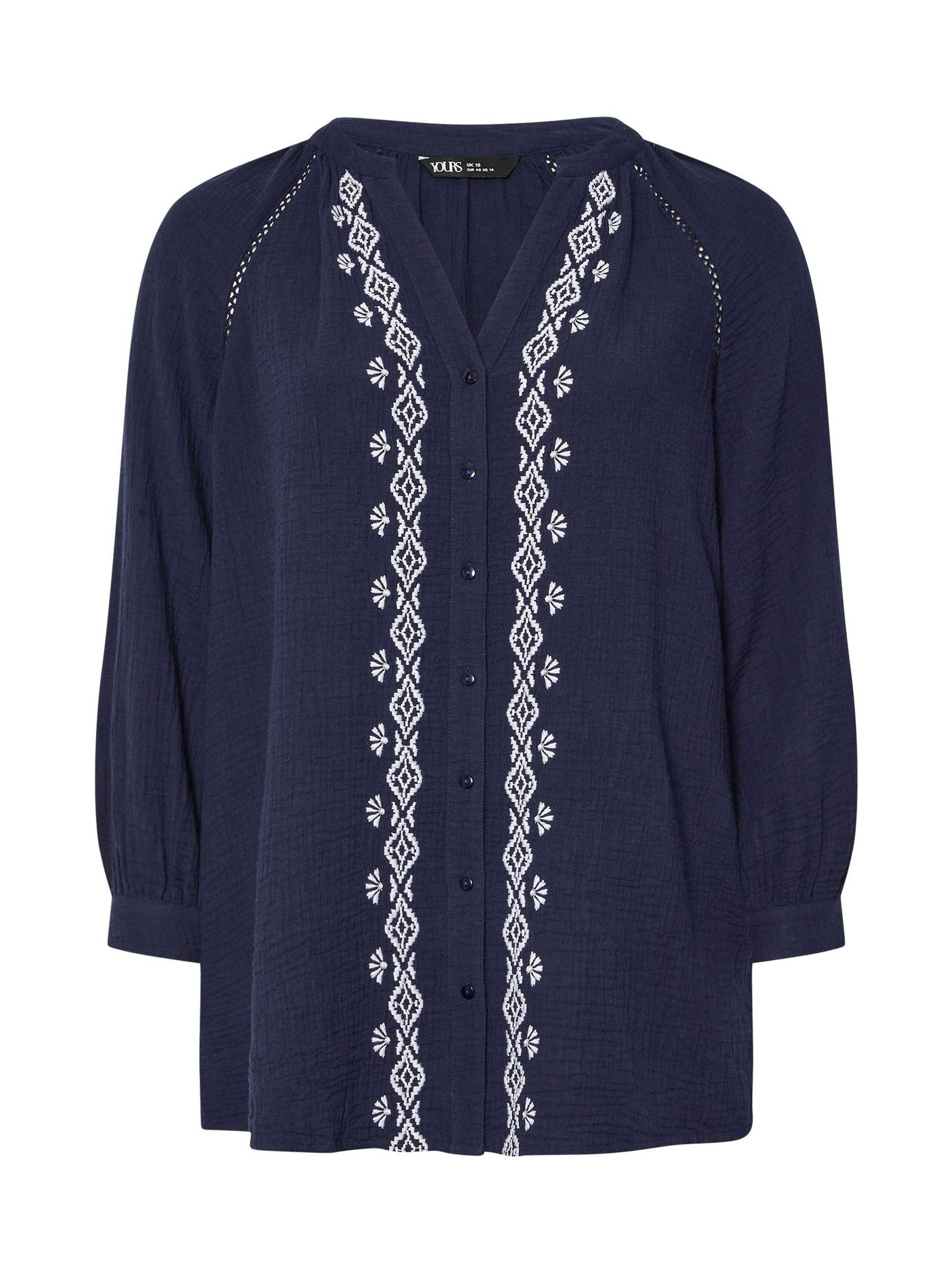 Buy Yours Curve Blue Cheesecloth Embroidered 100% Cotton Top from