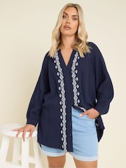 Yours Curve Blue Cheesecloth Embroidered 100% Cotton Top - Image 4 of 5