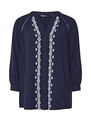 Yours Curve Blue Cheesecloth Embroidered 100% Cotton Top - Image 5 of 5