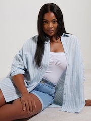 Yours Curve Blue Long Sleeve Shirt Containing Linen - Image 1 of 6