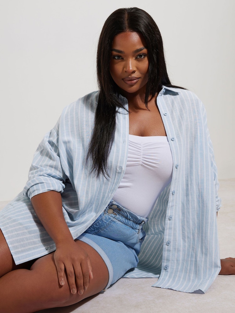 Yours Curve Blue Long Sleeve Shirt Containing Linen - Image 1 of 6