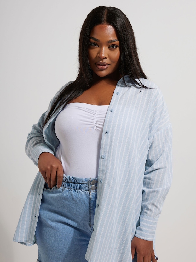 Yours Curve Blue Long Sleeve Shirt Containing Linen - Image 2 of 6