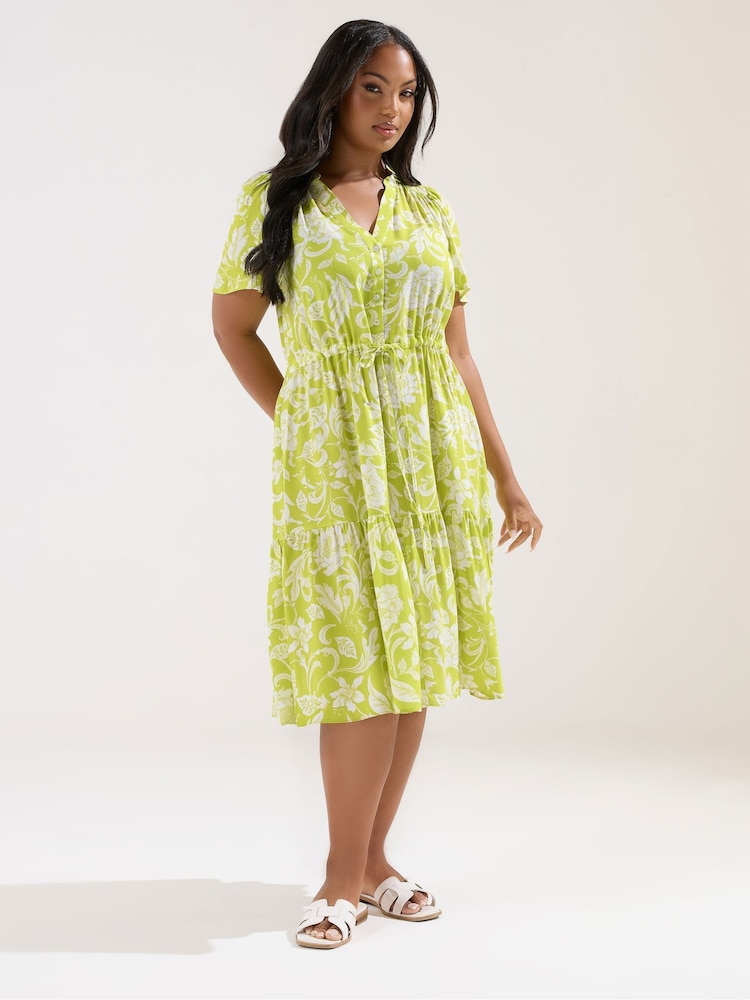 Yours Curve Green Button Up Frilled Dress - Image 1 of 5