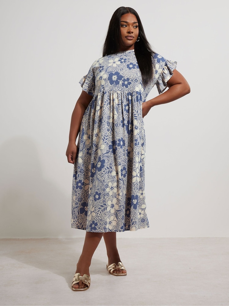 Yours Curve Blue Frilled 100% Cotton Midaxi Dress - Image 1 of 5
