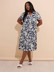 Yours Curve Blue Button Up Frilled Dress - Image 1 of 5