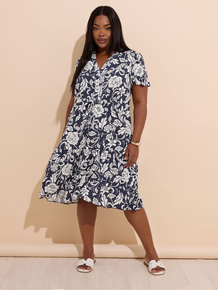 Yours Curve Blue Button Up Frilled Dress - Image 2 of 5 Yours Curve Blue Button Up Frilled Dress - Image 2 of 5