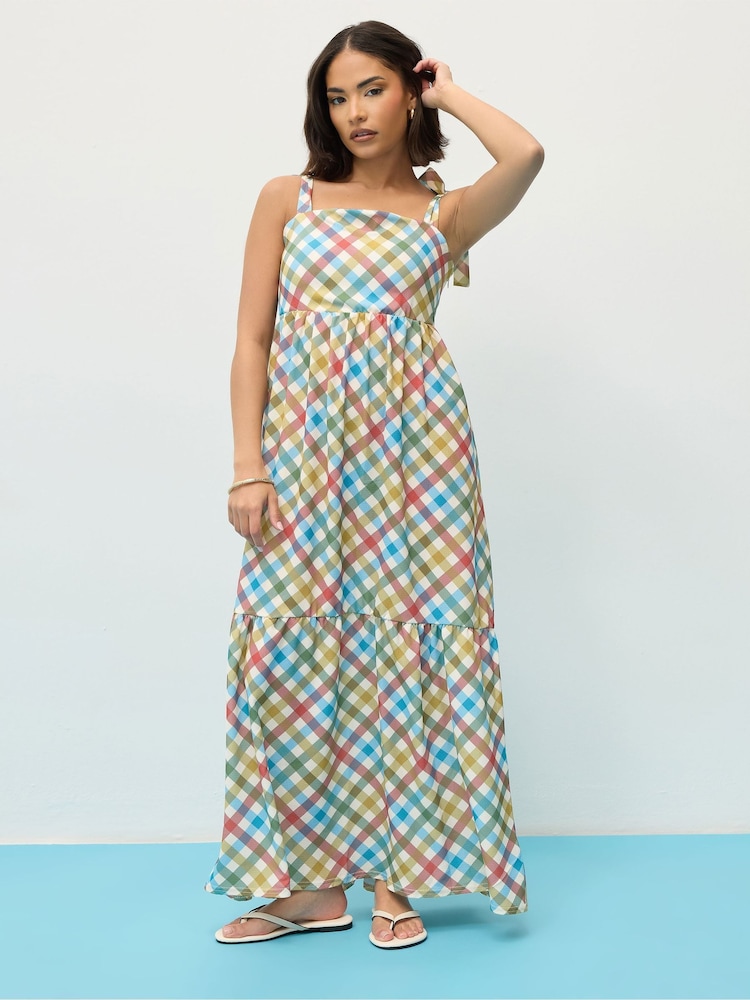 PixieGirl Petite Multi Gingham Shoulder Tie Maxi Dress - Image 1 of 5