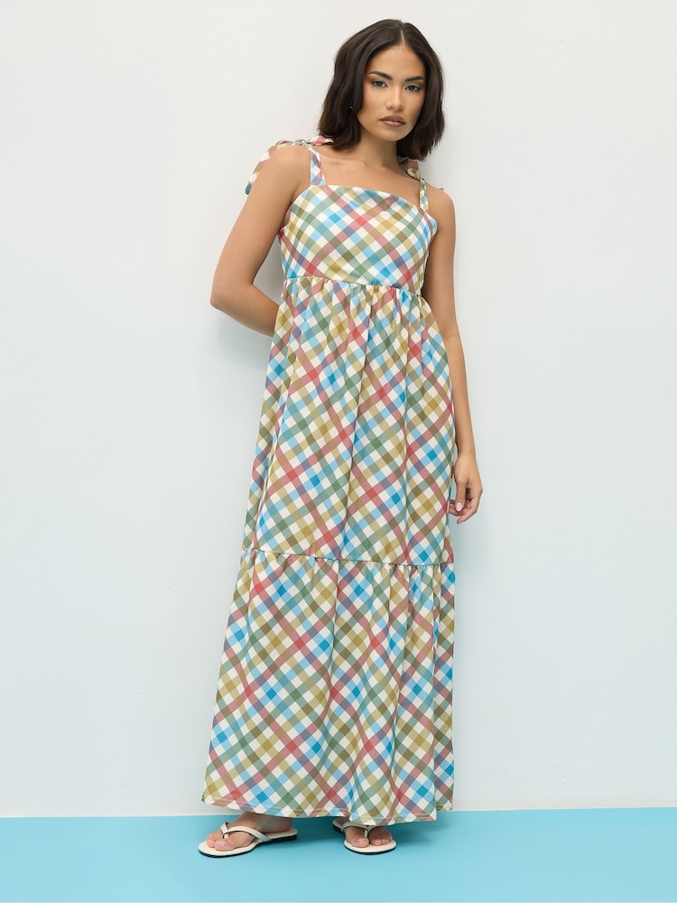 PixieGirl Petite Multi Gingham Shoulder Tie Maxi Dress - Image 2 of 5