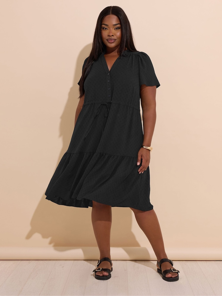 Yours Curve Black Button Up Frilled Dress - Image 1 of 5