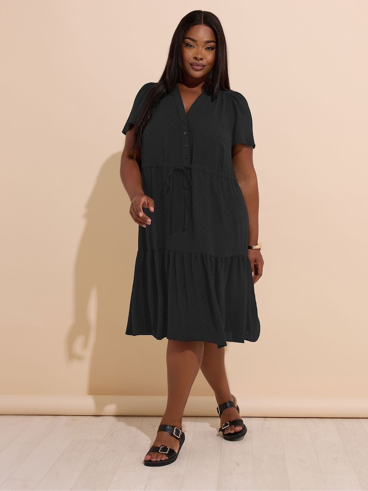 Yours Curve Black Button Up Frilled Dress - Image 2 of 5