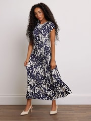 M&Co Navy Blue Spot Twist Petite Midi Dress - Image 1 of 6