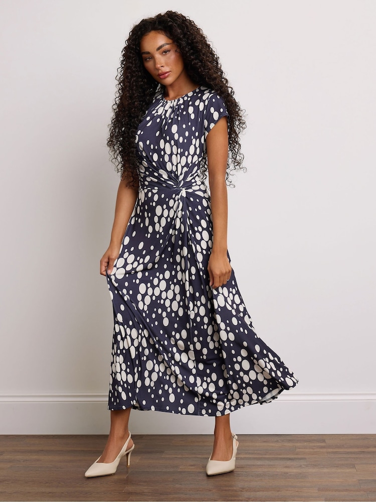 M&Co Navy Blue Spot Twist Petite Midi Dress - Image 1 of 6