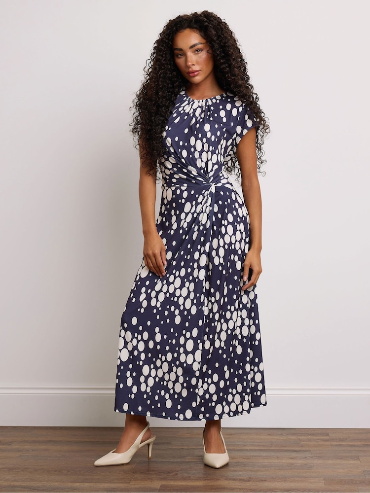 M&Co Navy Blue Spot Twist Petite Midi Dress - Image 2 of 6