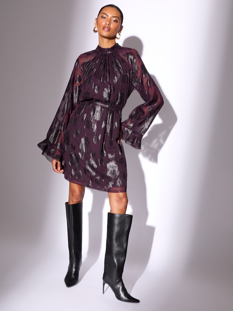 Lipsy Plum Metallic Petite Mini Floral Print Woven Underbust Dress - Image 1 of 4