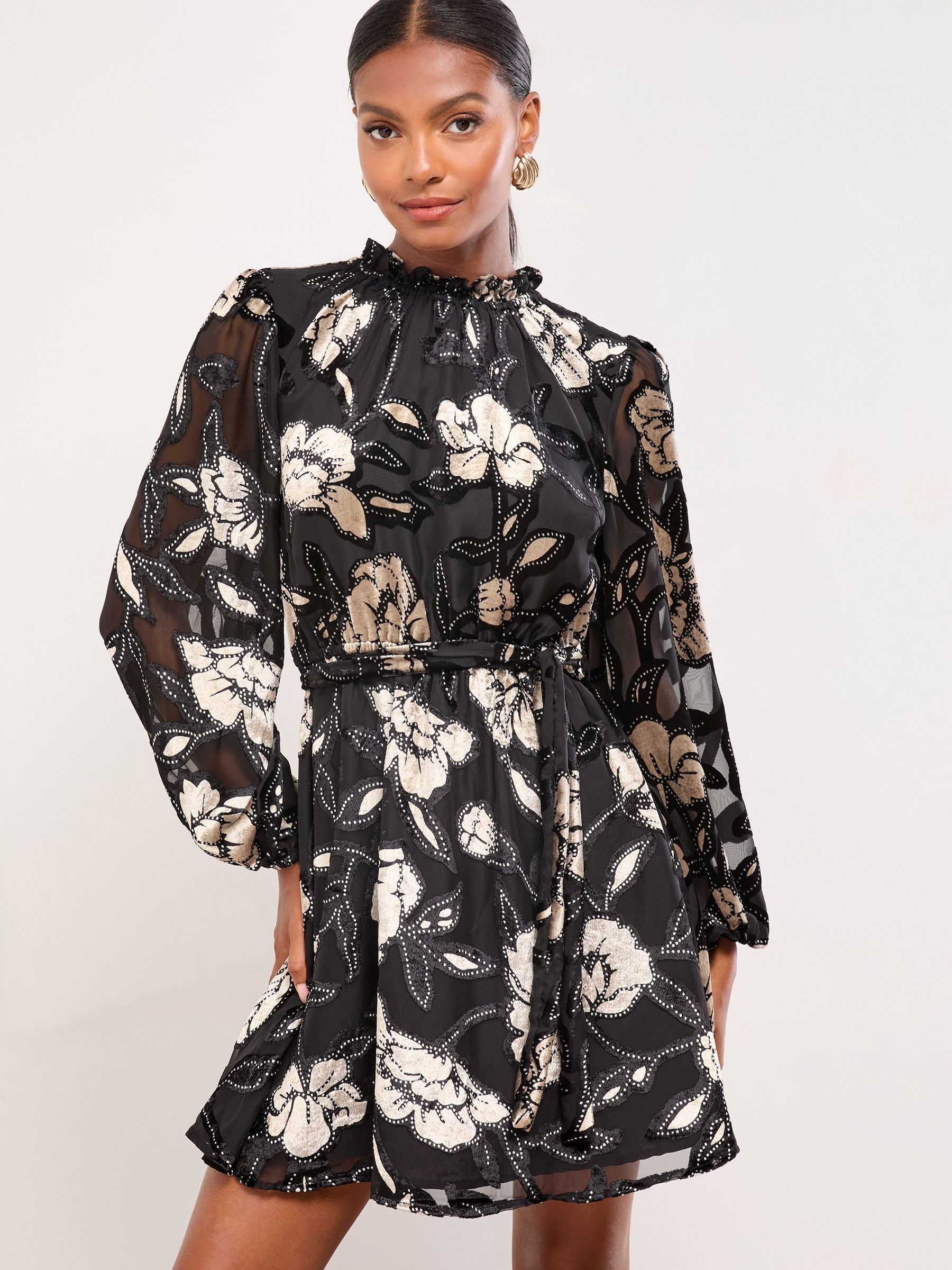 Buy Lipsy Black Velvet Floral Print Long Sleeve High Neck Waisted