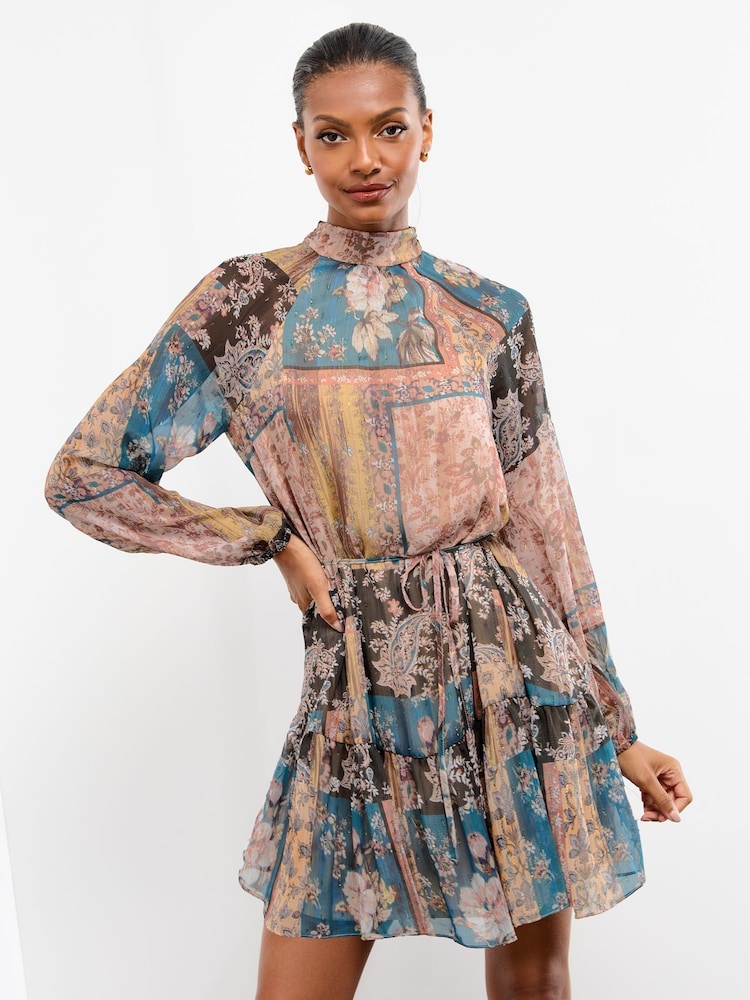 Lipsy Neutral Blue High Neck Patchwork Paisley Boho Mini Shift Dress - Image 1 of 5