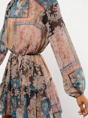 Lipsy Neutral Blue High Neck Patchwork Paisley Boho Mini Shift Dress - Image 2 of 5