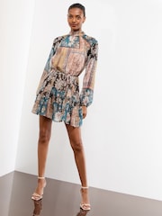 Lipsy Neutral Blue High Neck Patchwork Paisley Boho Mini Shift Dress - Image 3 of 5