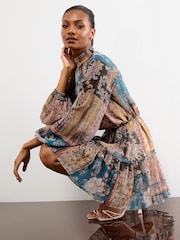 Lipsy Neutral Blue High Neck Patchwork Paisley Boho Mini Shift Dress - Image 4 of 5