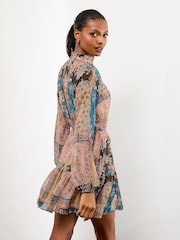 Lipsy Neutral Blue High Neck Patchwork Paisley Boho Mini Shift Dress - Image 5 of 5