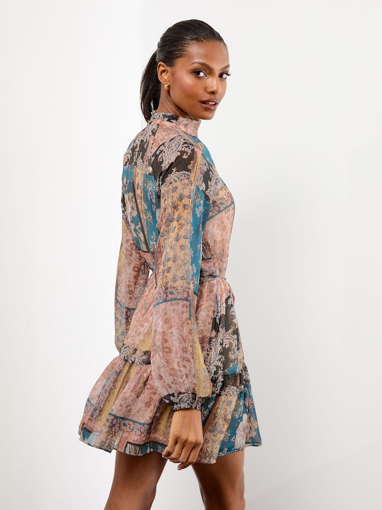 Lipsy Neutral Blue High Neck Patchwork Paisley Boho Mini Shift Dress - Image 5 of 5
