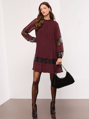 Lipsy Burgundy Red Pleated Lace Detail Mini Dress - Image 1 of 3