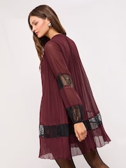 Lipsy Burgundy Red Pleated Lace Detail Mini Dress - Image 2 of 3