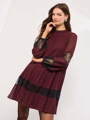 Lipsy Burgundy Red Pleated Lace Detail Mini Dress - Image 3 of 3