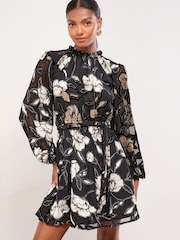 Lipsy Black Velvet Petite Mini Floral Print Woven Underbust Dress - Image 1 of 5