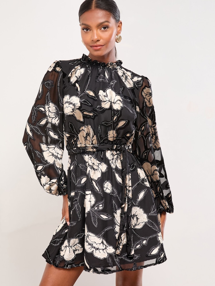 Lipsy Black Velvet Petite Mini Floral Print Woven Underbust Dress - Image 1 of 5