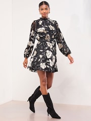 Lipsy Black Velvet Petite Mini Floral Print Woven Underbust Dress - Image 3 of 5
