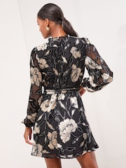 Lipsy Black Velvet Petite Mini Floral Print Woven Underbust Dress - Image 4 of 5