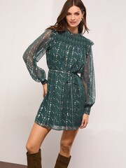 Lipsy Teal Blue Metallic Mini Floral Print Woven Underbust Dress - Image 3 of 4