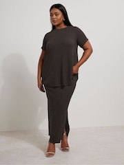 Yours Curve Brown Textured Side Split Skirt - Image 3 of 6