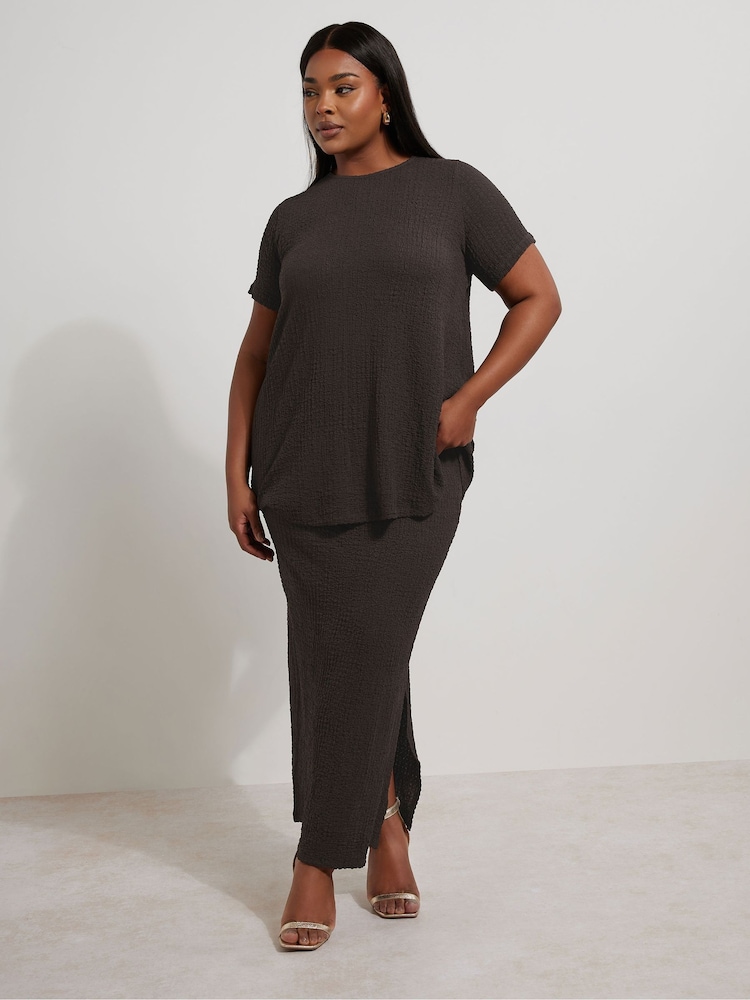 Yours Curve Brown Textured Side Split Skirt - Image 1 of 4