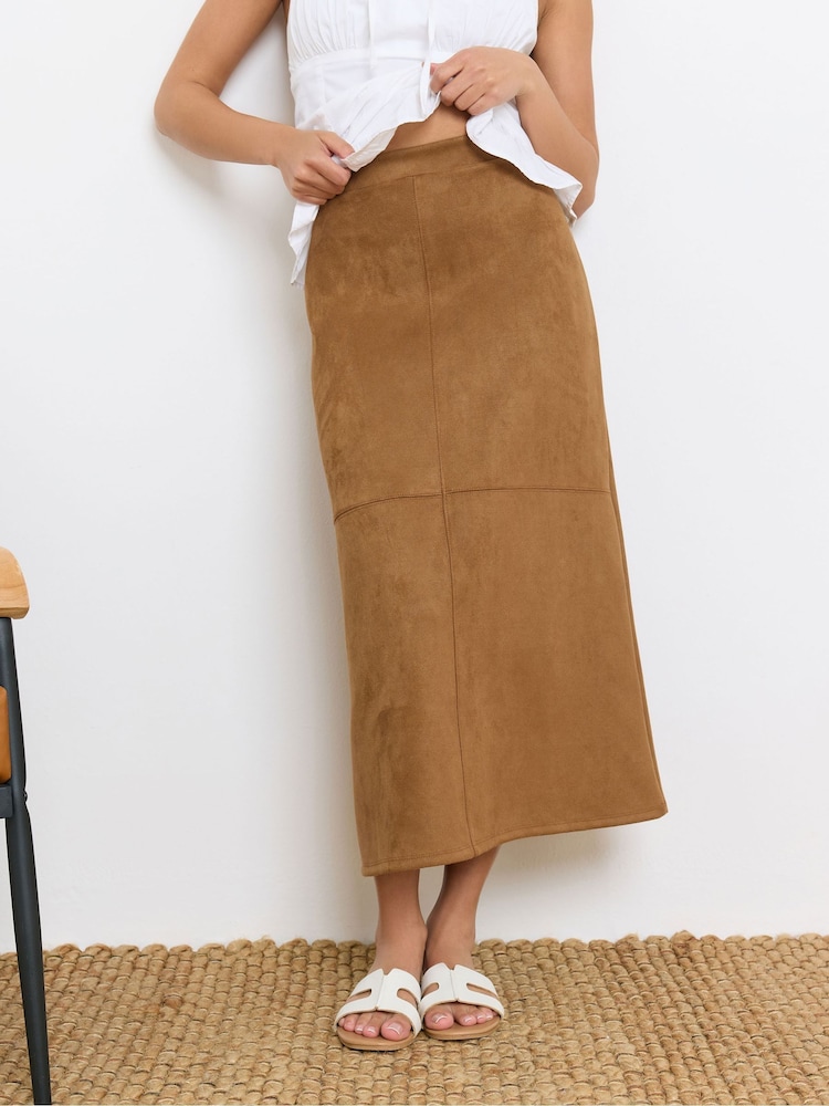 PixieGirl Petite Brown Suedette Midi Skirt - Image 1 of 5