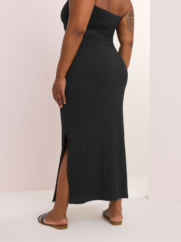 Yours Curve Black Textured Side Split Skirt - Image 2 of 5