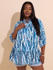 Yours Curve Blue Tie Neck Tiered Blouse - Image 1 of 6